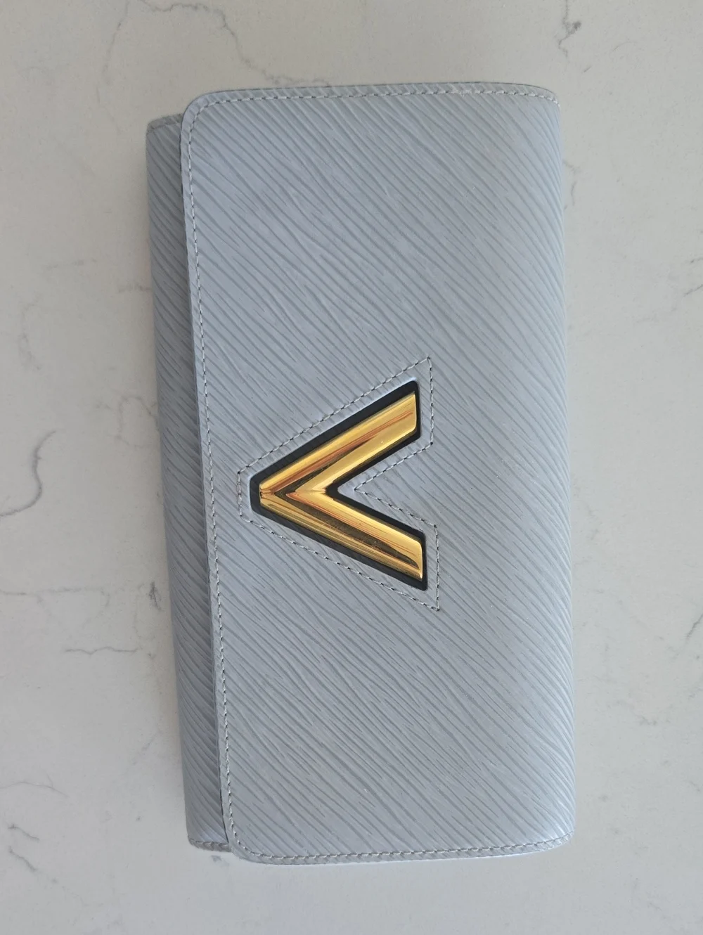 Louis Vuitton Light Blue Epi Leather Trifold Wallet with Gold V Emblem